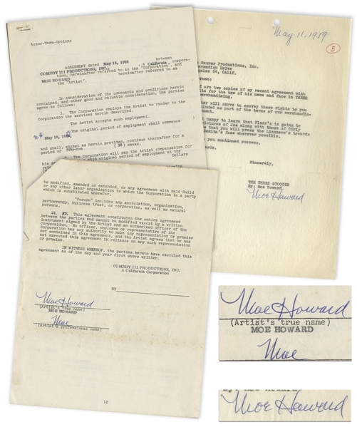 Two May 1959 Contracts Signed by Moe Howard -- One 12pp. Signed Twice by Moe & Initialed Several Times; Other 1pp. Regarding Joe DeRita's Likeness Signed Once -- Each Measures 8.5'' x 11'', Very Good